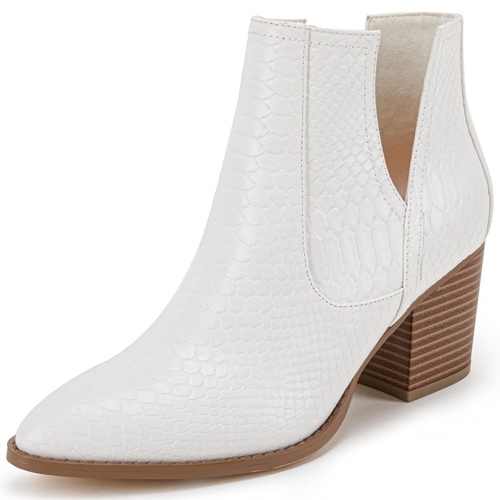 FISACE Womens Pointed Toe Mid Heel Ankle Boots V Cut Back. faux leather Booties